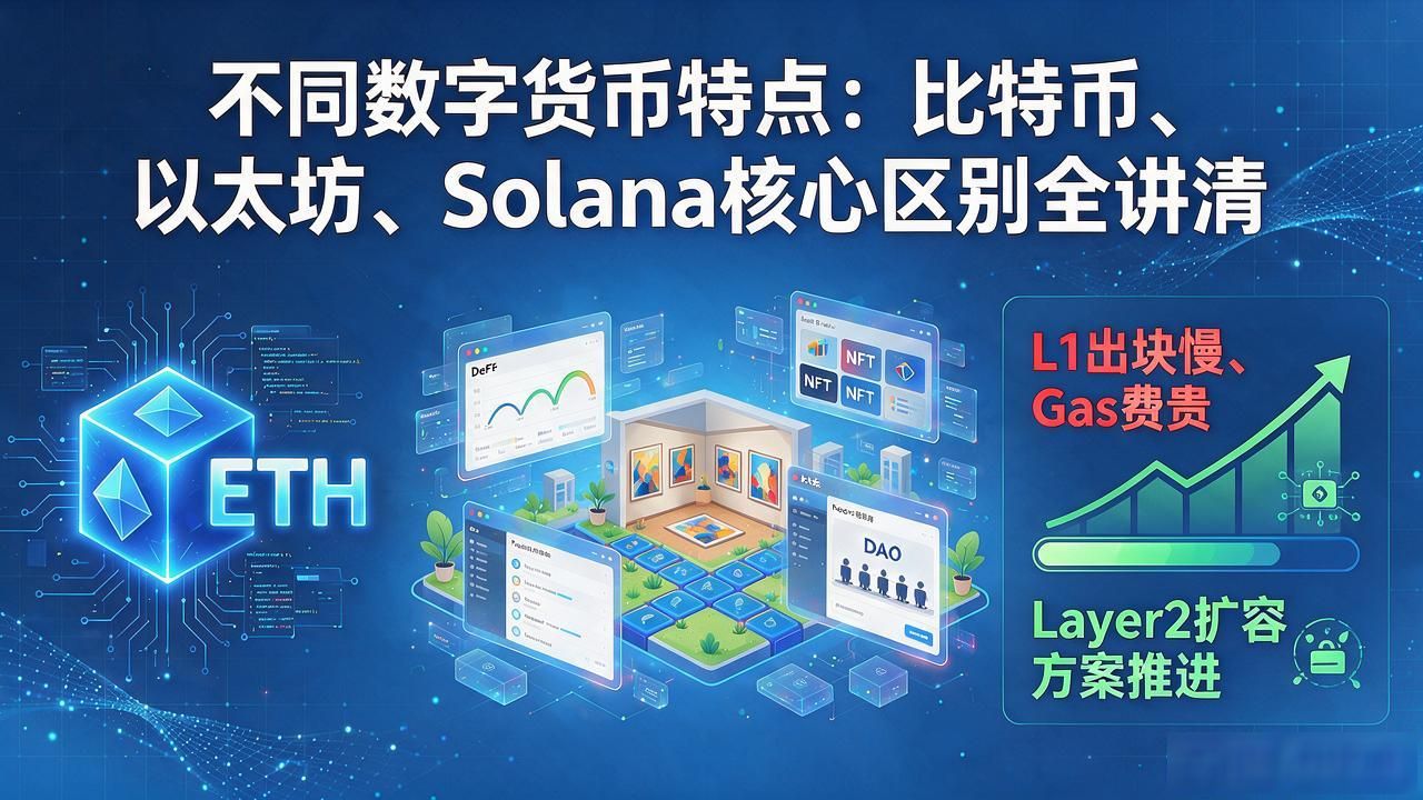 不同数字货币特点：比特币、以太坊、Solana核心区别全讲清