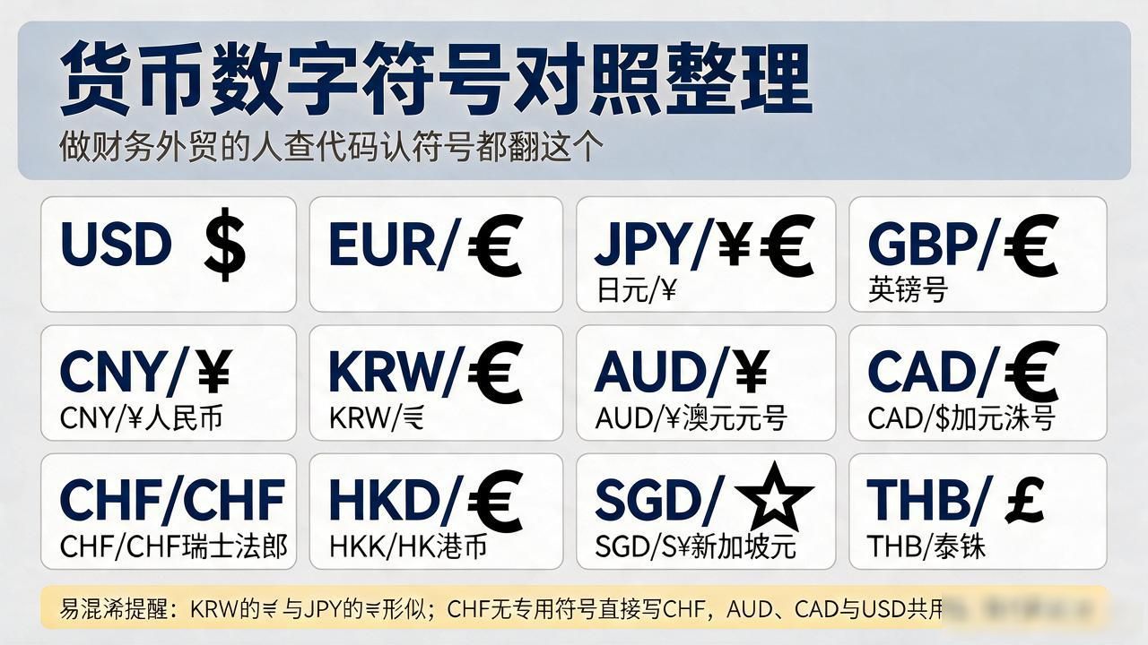 货币数字符号对照整理，做财务外贸的人查代码认符号都翻这个